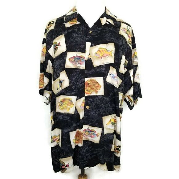 Quiksilver Qs Mens Xl Hawaiian Fish Rayon Button Up S/s Camp Shirt Made In Usa - Picture 2 of 12